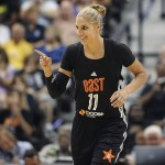 
              East’s Elena Delle Donne, of the Chicago Sky, gestures during the second half of the WNBA All-Star basketball game, Saturday, July 25, 2015, in Uncasville, Conn. West won 117-112. (AP Photo/Jessica Hill)
            