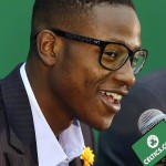 
              Boston Celtics draft pick Terry Rozier smiles while talking to the media after his introduction at the Celtics basketball training facility, Tuesday, June 30, 2015, in Waltham, Mass. Rozier was joined by fellow picks Jordan Mickey, R.J. Hunter and Marcus Thornton. (AP Photo/Stephan Savoia)
            