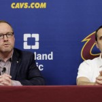               Cleveland Cavaliers general manager David Griffin, left, answers questions as coach David Blatt listens during a news conference Thursday, June 18, 2015, in Independence, Ohio. Overcoming major injuries, the Cavaliers made an inspiring postseason run before coming up two wins shy of an NBA title. They've got major decisions to make this summer as they try to rebuild around star LeBron James, who didn't have nearly enough help in the NBA Finals. (AP Photo/Tony Dejak)
            