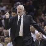 
              San Antonio Spurs coach Gregg Popovich argues a call during the first half of Game 3 against the Los Angeles Clippers in an NBA basketball first-round playoff series, Friday, April 24, 2015, in San Antonio. (AP Photo/Darren Abate)
            