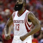 
              Houston Rockets guard James Harden (13) reacts to scoring on the Los Angeles Clippers during the third quarter of Game 7 of the NBA Western Conference semifinals at the Toyota Center Sunday, May 17, 2015, in Houston.  ( James Nielsen / Houston Chronicle  via AP)  MANDATORY CREDIT
            