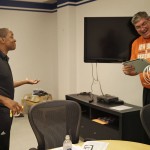 
              In this July 14, 2015, photo, New York Liberty President IsiahThomas, left, talks with head coach Bill Laimbeer after a coaches meeting in Greenburgh, N.Y.  Seeing Thomas' interaction with his former Detroit Pistons teammate Laimbeer and assistant coaches Katie Smith and Herb Williams is like watching old friends hang out, with lots of good-natured jabs going back and forth. (AP Photo/Seth Wenig)
            