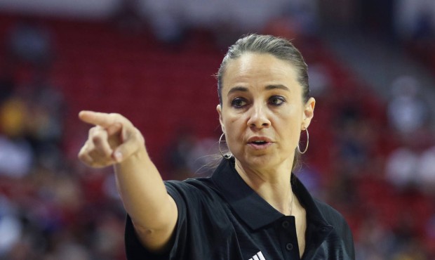 Becky Hammon coaches the San Antonio Spurs during an NBA summer league basketball game against the ...