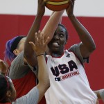
              Sylvia Fowles, right,  goes up for a shot during a USA women's national team minicamp basketball practice Wednesday, May 6, 2015, in Las Vegas. (AP Photo/John Locher)
            