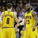 
              Cleveland Cavaliers forward LeBron James (23) celebrates with teammate Matthew Dellavedova during the second half of Game 3 of basketball's NBA Finals against the Golden State Warriors in Cleveland, Tuesday, June 9, 2015. (AP Photo/Tony Dejak)
            