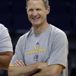 
              Golden State Warriors coach Steve Kerr smiles during NBA basketball practice, Wednesday, June 3, 2015, in Oakland, Calif. The Warriors host the Cleveland Cavaliers in Game 1 of the NBA Finals on Thursday. (AP Photo/Ben Margot)
            