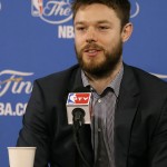 
              Cleveland Cavaliers guard Matthew Dellavedova takes questions during a news conference after Game 2 of basketball's NBA Finals Sunday, June 7, 2015, in Oakland, Calif. Cleveland won the game against Golden State 95-93 in overtime. (AP Photo/Ben Margot)
            