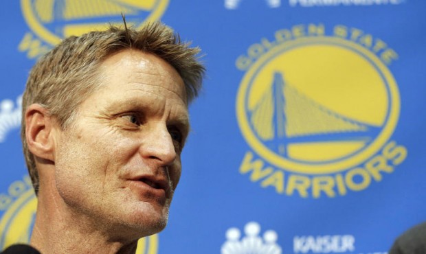 Golden State Warriors head coach Steve Kerr speaks to reporters at the team’s practice facili...