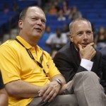 
              FILE - In this July 28, 2011, file photo, Bill Cameron, left, and David Box, majority owners of the Tulsa Shock, watch from the sidelines during a WNBA basketball game in Tulsa, Okla. Tulsa Shock majority owner Bill Cameron announced plans Monday, July 20, 2015,  to move the WNBA franchise to the Dallas-Fort Worth market. (AP Photo/Sue Ogrocki, File)
            