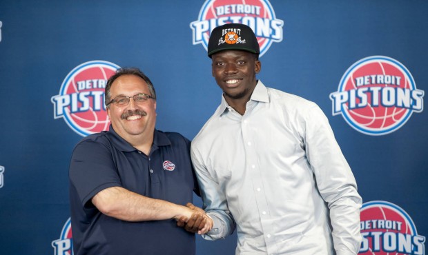Pistons head coach Stan Van Gundy, left, and guard Reggie Jackson pose for a photo after a news con...
