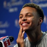 
              Golden State Warriors guard Stephen Curry answers a question during press conference for basketball's NBA Finals in Cleveland, Wednesday, June 10, 2015. The Cleveland Cavaliers lead the Warriors 2-1 in the best-of-seven games series.  Game 4 is scheduled for Thursday. (AP Photo/Paul Sancya)
            