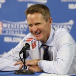 
              Golden State Warriors head coach Steve Kerr smiles at a news conference after Game 5 of the NBA basketball Western Conference finals against the Houston Rockets in Oakland, Calif., Wednesday, May 27, 2015. The Warriors won 104-90 and advanced to the NBA Finals. (AP Photo/Ben Margot)
            