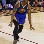 
              Golden State Warriors guard Andre Iguodala (9) reacts during the second half of Game 4 of basketball's NBA Finals against the Cleveland Cavaliers in Cleveland, Thursday, June 11, 2015. (AP Photo/Paul Sancya)
            