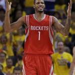 
              Houston Rockets forward Trevor Ariza reacts during the first half of Game 5 of the NBA basketball Western Conference finals against the Golden State Warriors in Oakland, Calif., Wednesday, May 27, 2015. (AP Photo/Ben Margot)
            