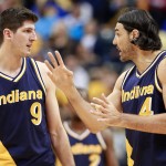 
              FILE - In this Feb. 22, 2015, file photo, Indiana Pacers forwards Damjan Rudez (9) and Luis Scola talk during a break in play against the Golden State Warriors in the second half of an NBA basketball game. Rudez is impressed with the growth he’s seeing in European basketball. Recently, the Croatian native who attended a Basketball Without Borders camp more than a decade ago returned to his home country to work with another batch of potential stars and couldn’t believe the changes. (AP Photo/R Brent Smith, File)
            