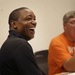 
              In this July 14, 2015, photo,  New York Liberty President Isiah Thomas, left, laughs during a coaches meeting while head coach Bill Laimbeer looks on after a team practice in Greenburgh, N.Y. Seeing Thomas' interaction with his former Detroit Pistons teammate Laimbeer and assistant coaches Katie Smith and Herb Williams is like watching old friends hang out, with lots of good-natured jabs going back and forth. (AP Photo/Seth Wenig)
            