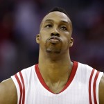 
              Houston Rockets center Dwight Howard reacts between plays against the Golden State Warriors during the second half in Game 3 of the NBA basketball Western Conference finals Saturday, May 23, 2015, in Houston. (AP Photo/David J. Phillip)
            