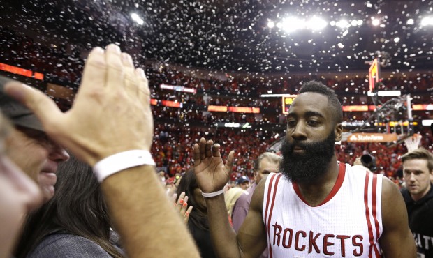Houston Rockets’ James Harden (13) celebrates after defeating the Los Angeles Clippers 113-10...