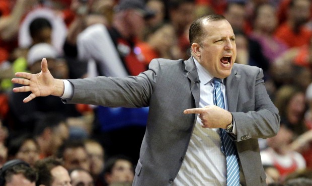 FILE – In this May 10, 2015, file photo, Chicago Bulls head coach Tom Thibodeau yells to his ...