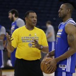 
              Golden State Warriors assistant coach Alvin Gentry, left, works with Andre Iguodala during NBA basketball practice, Friday, June 5, 2015, in Oakland, Calif. The Golden State Warriors host the Cleveland Cavaliers in Game 2 of the NBA Finals on Sunday. (AP Photo/Ben Margot)
            