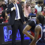               Atlanta Hawks head coach Mike Budenholzer gestures in the first half of Game 6 of the second round of the NBA basketball playoffs against the Washington Wizards, Friday, May 15, 2015, in Washington. The Hawks won 94-91. (AP Photo/Nick Wass)
            