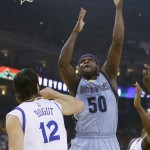 
              Memphis Grizzlies forward Zach Randolph (50) shoots over Golden State Warriors center Andrew Bogut (12) during the first half of Game 5 in a second-round NBA playoff basketball series in Oakland, Calif., Wednesday, May 13, 2015. (AP Photo/Ben Margot)
            