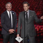 
              Former NFL player Brett Favre and Vince Vaughn present the best team award at the ESPY Awards at the Microsoft Theater on Wednesday, July 15, 2015, in Los Angeles. (Photo by Chris Pizzello/Invision/AP)
            
