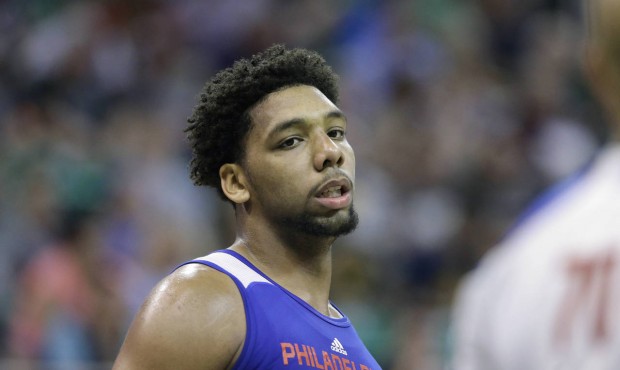 FILE – In this July 6, 2015, file photo, Philadelphia 76ers’ Jahlil Okafor looks on dur...
