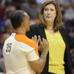 
              Connecticut Sun coach Anne Donovan reacts to official Billy Smith during the second half of the Sun's 77-74 loss to the Chicago Sky in a WNBA basketball game in Uncasville, Conn., on Thursday, July 2, 2015. (AP Photo/Fred Beckham)
            
