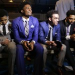 
              NBA basketball draft prospects, from left, D'Angelo Russell, Justice Winslow, Tyus Jones and Jahlil Okafor wait for the start of the draft lottery Tuesday, May 19, 2015, in New York. (AP Photo/Julie Jacobson)
            