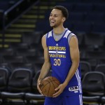 
              Golden State Warriors' Stephen Curry smiles during NBA basketball practice, Wednesday, June 3, 2015, in Oakland, Calif. The Warriors host the Cleveland Cavaliers in Game 1 of the NBA Finals on Thursday. (AP Photo/Ben Margot)
            
