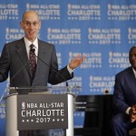 
              NBA Commissioner Adam Silver, left, speaks as Charlotte Hornets owner Michael Jordan, right, listens during a news conference, Tuesday, June 23, 2015, to announce Charlotte, N.C., as the site of the 2017 NBA All-Star basketball game. (AP Photo/Chuck Burton)
            