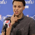 
              Golden State Warriors guard Stephen Curry takes questions during a news conference after Game 2 of basketball's NBA Finals Sunday, June 7, 2015, in Oakland, Calif. Cleveland won the game 95-93 in overtime. (AP Photo/Ben Margot)
            