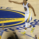 
              Golden State Warriors guard Stephen Curry gestures after a score during the first half of Game 1 of the NBA basketball Western Conference finals against the Houston Rockets in Oakland, Calif., Tuesday, May 19, 2015. (AP Photo/Tony Avelar)
            