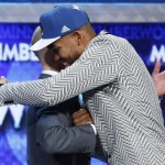
              Karl-Anthony Towns, right, is greeted by NBA Commissioner Adam Silver after the Minnesota Timberwolves selected Towns, a Kentucky center, with the top pick in the NBA basketball draft, Thursday, June 25, 2015, in New York. (AP Photo/Kathy Willens)
            