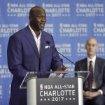               Charlotte Hornets owner Michael Jordan, left, speaks as NBA Commissioner Adam Silver, right, listens during a news conference, Tuesday, June 23, 2015, to announce Charlotte, N.C., as the site of the 2017 NBA All-Star basketball game. (AP Photo/Chuck Burton)
            
