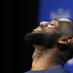 
              Cleveland Cavaliers forward LeBron James answers a question during a press conference for basketball's NBA Finals in Cleveland, Wednesday, June 10, 2015. The Cavaliers lead the Warriors 2-1 in the best-of-seven games series.  Game 4 is scheduled for  Thursday. (AP Photo/Michael Conroy)
            