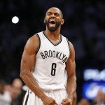 
              Brooklyn Nets guard Alan Anderson (6) reacts after making a basket in the second half of Game 4 of a first round NBA playoff basketball game against the Atlanta Hawks, Monday, April 27, 2015, in New York. The Nets defeated the Hawks 120-115 in overtime to even their series at 2-2. (AP Photo/Kathy Willens)
            