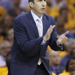 
              Cleveland Cavaliers coach David Blatt encourages players during the first half of Game 4 of the NBA basketball Eastern Conference finals against the Atlanta Hawks, Tuesday, May 26, 2015, in Cleveland. The Cavaliers won 118-88. (AP Photo/Tony Dejak)
            