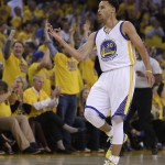 
              Golden State Warriors' Stephen Curry celebrates a score against the Houston Rockets during the first quarter of Game 1 of the NBA basketball Western Conference finals Tuesday, May 19, 2015, in Oakland, Calif. (AP Photo/Ben Margot)
            