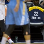 
              A game jersey was placed on a chair at the end of the Indiana Fever bench to honor Lauren Hill during an WNBA basketball game between the Chicago Sky and the Indiana Fever, Sunday, June 14, 2015, in Indianapolis. Lauren Hill was proclaimed an honorary member of the Indiana Fever. (AP Photo/Doug McSchooler)
            
