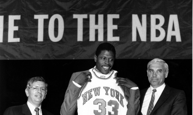 FILE – In this June 18, 1985, file photo, Patrick Ewing accepts his New York Knicks jersey fr...