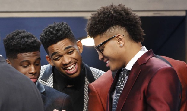From left, NBA draft prospects Emmanuel Mudiay, Karl-Anthony Towns and Kelly Oubre Jr. talk during ...
