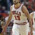 
              Chicago Bulls center Joakim Noah reacts after scoring a basket during the first half of Game 3 in a second-round NBA basketball playoff series against the Cleveland Cavaliers in Chicago on Friday, May 8, 2015. (AP Photo/Nam Y. Huh)
            