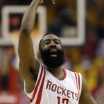 
              Houston Rockets' James Harden (13) reacts after hitting a shot during the first half of Game 5 in the first round of the NBA basketball playoffs against the Dallas Mavericks, Tuesday, April 28, 2015, in Houston. (AP Photo/David J. Phillip)
            