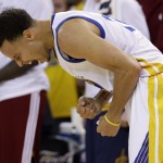 
              Golden State Warriors guard Stephen Curry (30) reacts after scoring against the Cleveland Cavaliers during the second half of Game 2 of basketball's NBA Finals in Oakland, Calif., Sunday, June 7, 2015. (AP Photo/Ben Margot)
            