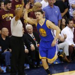 
              Golden State Warriors guard Klay Thompson (11) celebrates a basket against the Cleveland Cavaliers during the second half of Game 6 of basketball's NBA Finals in Cleveland, Tuesday, June 16, 2015. (AP Photo/Paul Sancya)
            