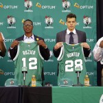 
              Boston Celtics draft picks Jordan Mickey, from left, Terry Rozier, R.J. Hunter and Marcus Thornton are introduced to the media at the Celtics basketball training facility, Tuesday, June 30, 2015, in Waltham, Mass. (AP Photo/Stephan Savoia)
            