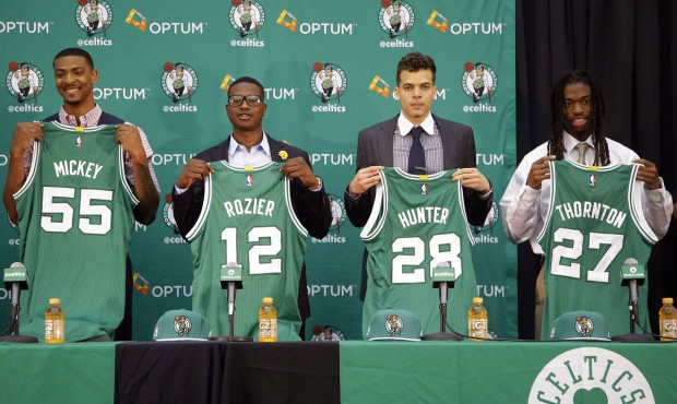 Boston Celtics draft picks Jordan Mickey, from left, Terry Rozier, R.J. Hunter and Marcus Thornton ...