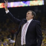 
              Houston Rockets coach Kevin McHale gestures from the sidelines during the first quarter of Game 1 of the Western Conference Finals against the Golden State Warriors on Tuesday, May 19, 2015, in Oakland, Calif. (AP Photo/Ben Margot)
            